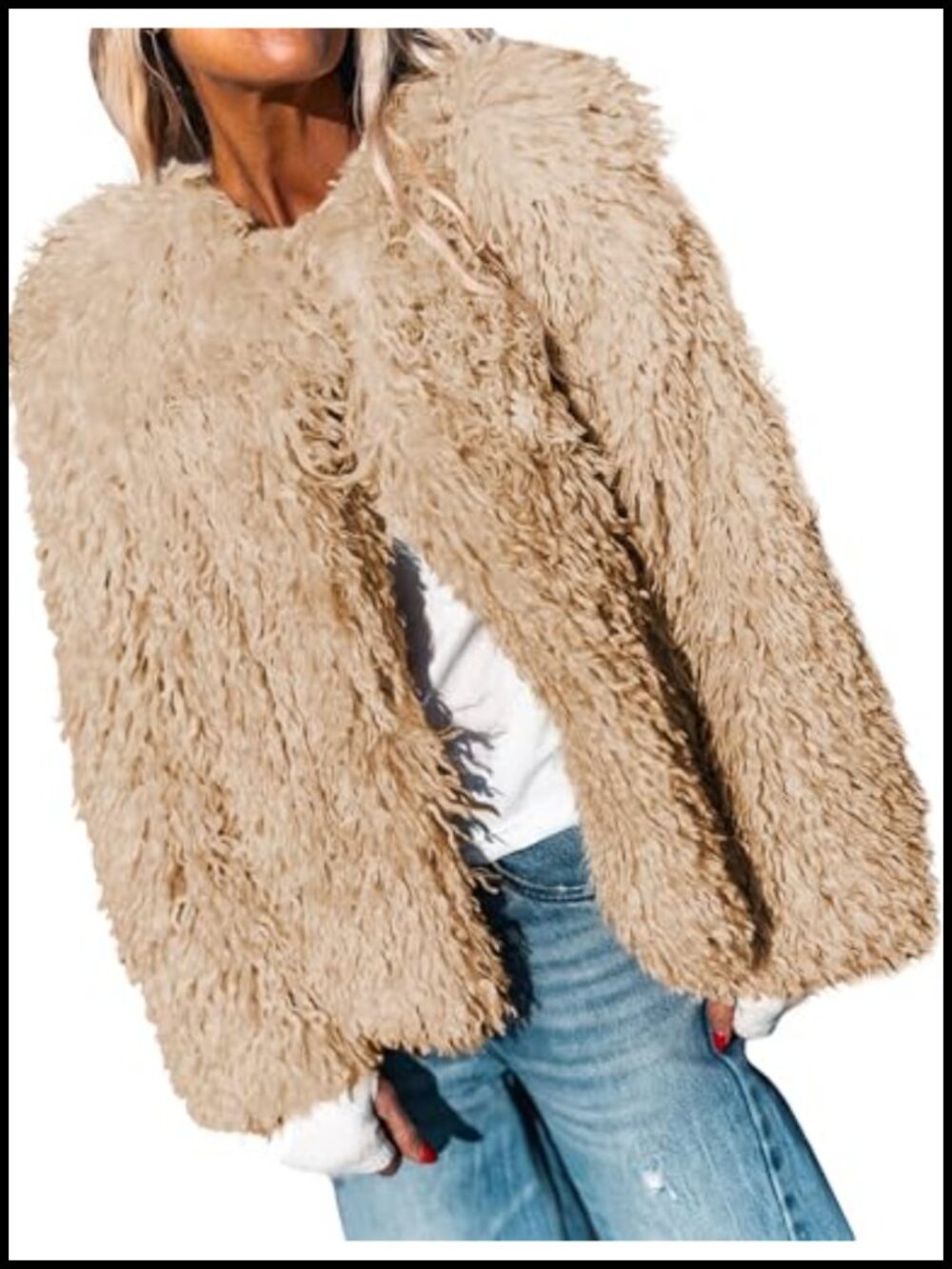 Womens Cropped Faux Fur Jacket Collarless Snap Closure Loose Fit